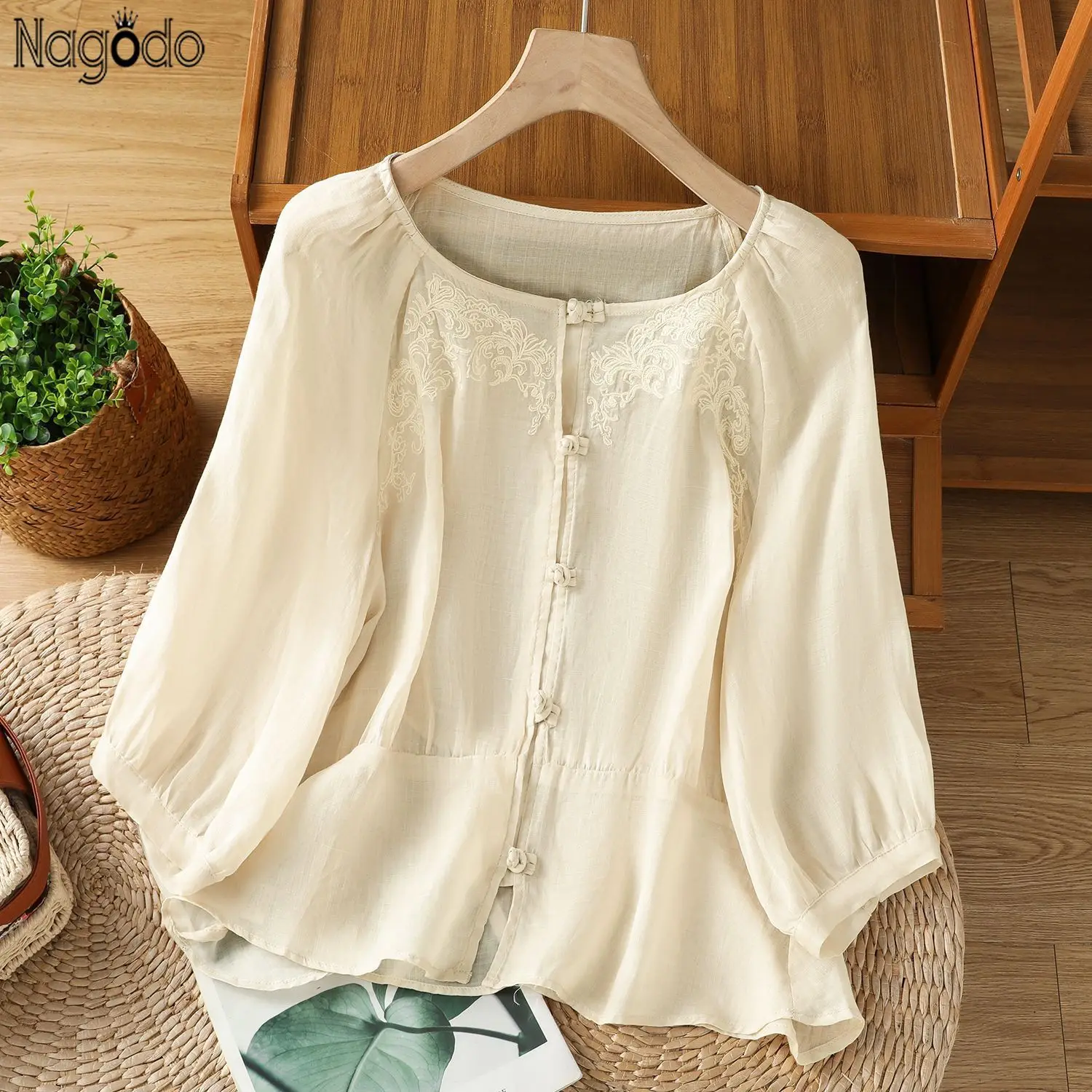 

Summer Cotton Linen Women's Blouse Loose Button Tee O-Neck Thin Shirt Three-quarter Sleeve Top Solid Retro Chinese Tea Clothing