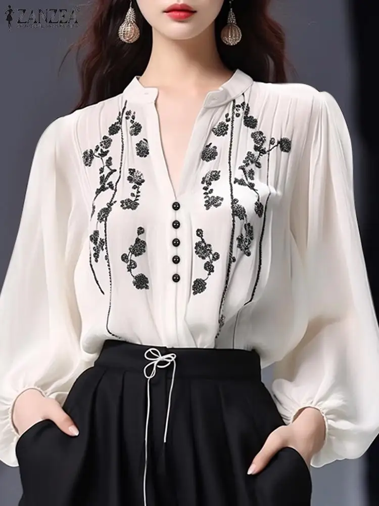 ZANZEA Women Vintage Tunics 2024 Autumn Embroidery Tops Fashion Holiday V-neck Long Lantern Sleeve Blouses Elegant Party Blusas