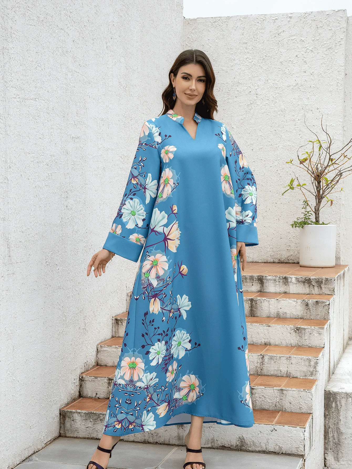 

Middle East Saudi Arabia Muslim Luxury Fashion Islamic Ramadan Moroccan Women's Robe Printed Pearl Belt Jalabiya Dress