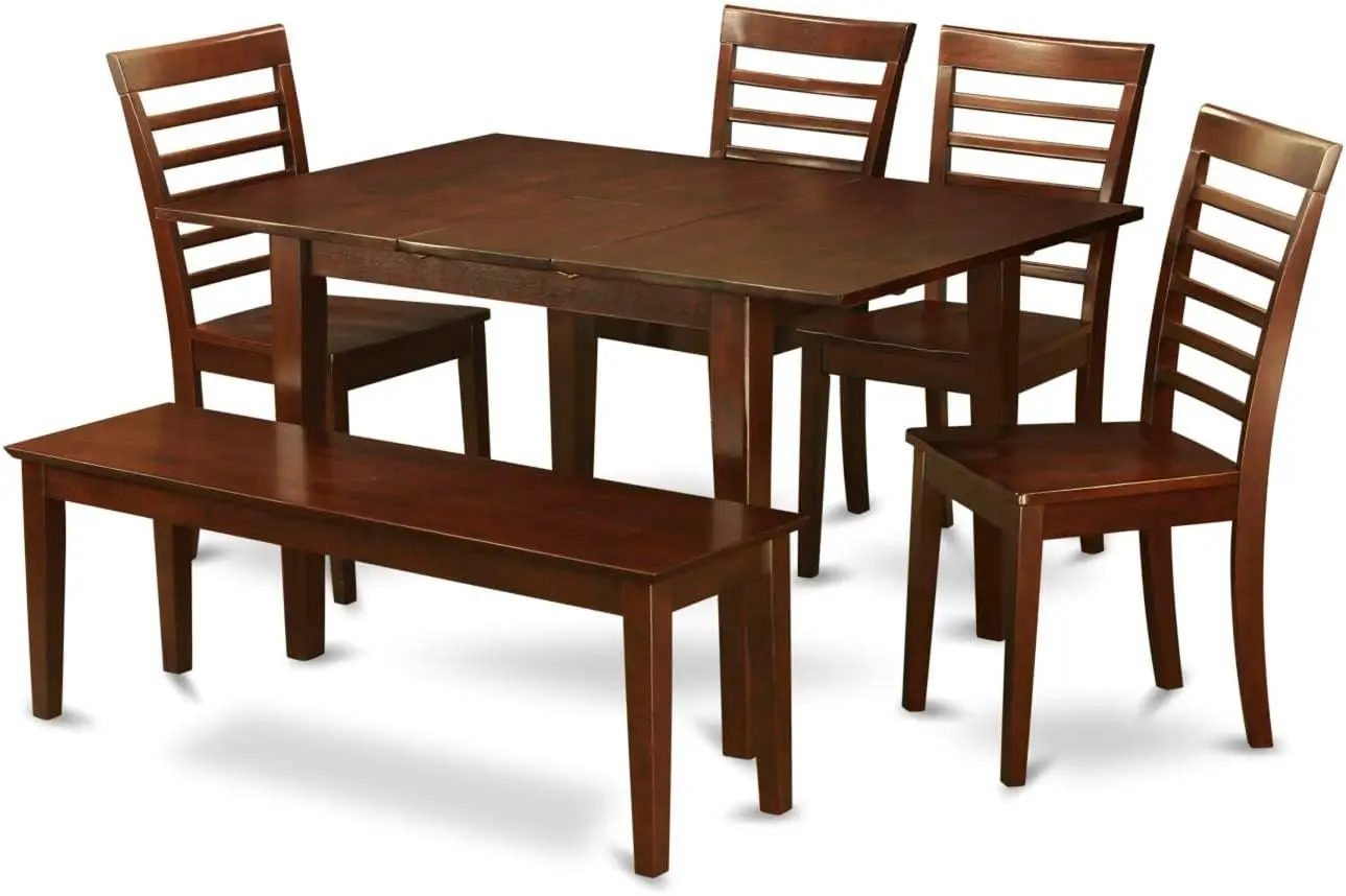 East West Furniture PSML6D-MAH-W 6-Piece Modern Set: Rectangle Table with Butterfly Leaf, 4 Chairs & Bench, 32x60