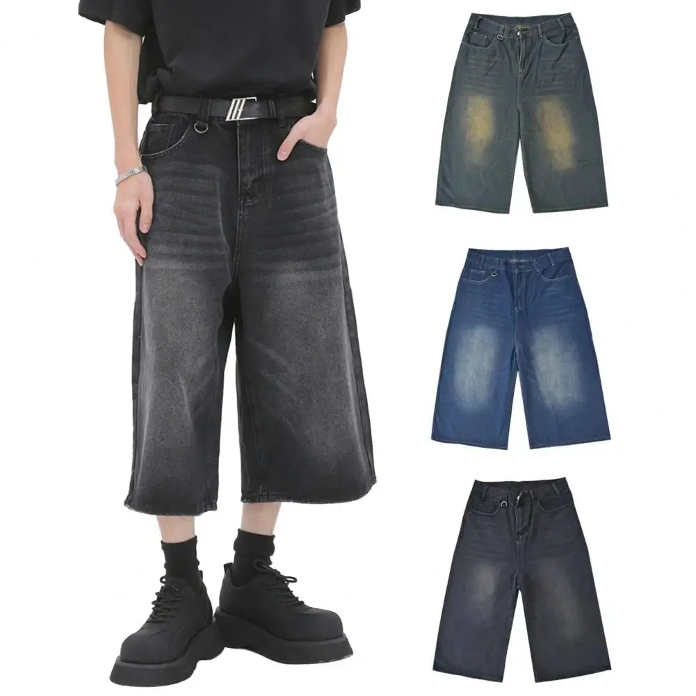 

Men Flattering Cropped Jeans Gradient Color Wide Leg Cropped Jeans with Pockets Stylish Mid-calf Denim Pants for Men Men Cropped