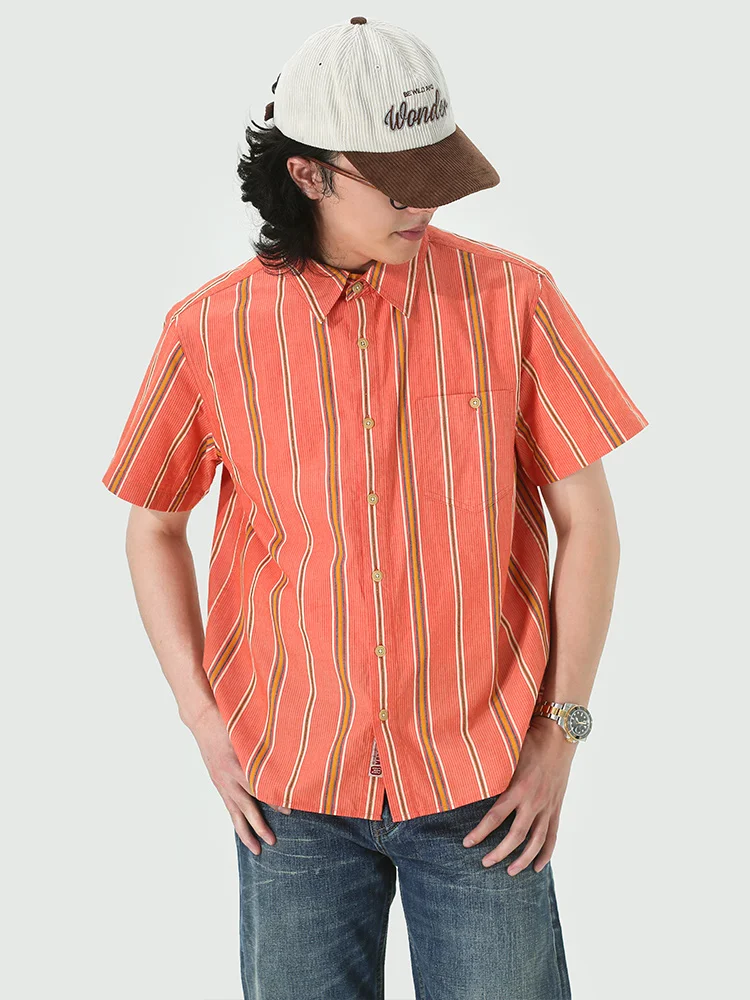 

Летняя мужская рубашка в японском ретро-стиле с полосками, классическим воротником, узким кроем, коротким рукавом, из 100% хлопка, в американском стиле, для молодежи