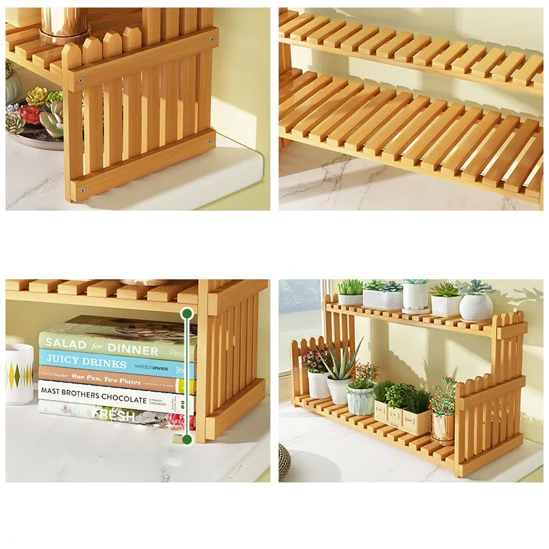 Bamboo Small Desktop Veranda Succulent Display Stand Adjustable Office Flowerpot Organizer Holder Shelf for Home Decorations