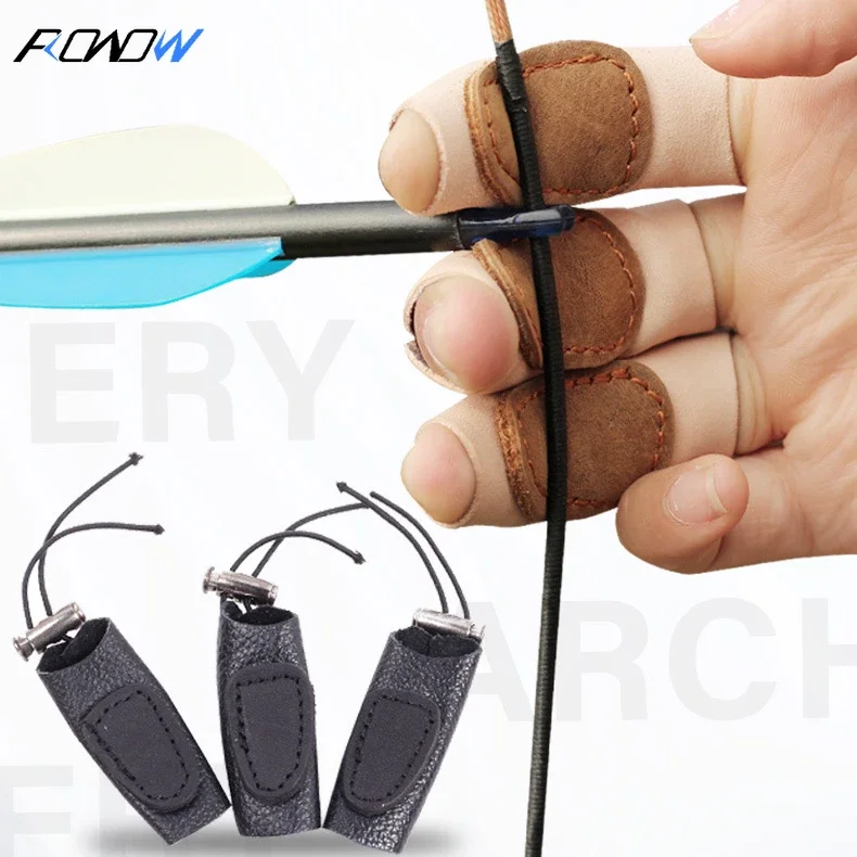 ROWOW Three-finger Independent Finger Guard Leather Adjustable Buckle Traditional Recurve Bow Archery Two-color