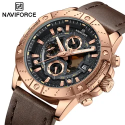 NAVIFORCE 2024 Sport Watches for Men Leather Strap Luxury Chronograph Military Quartz Wristwatch Fashion Casual Waterproof Clock