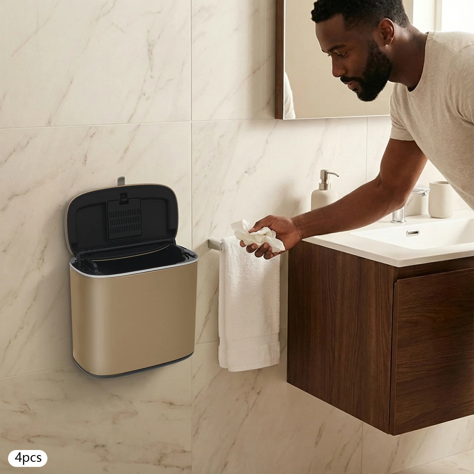 Lot de 4 poubelles murales dorées pour salle de bain et cuisine, poubelles suspendues en acier inoxydable PP
