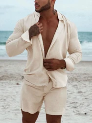 Vintage Cotton Beach Set Men Clothing Fashion Short Sleeve Lapel Shirt Tops & Shorts Two Piece Suit Man Solid Beach Tracksuit