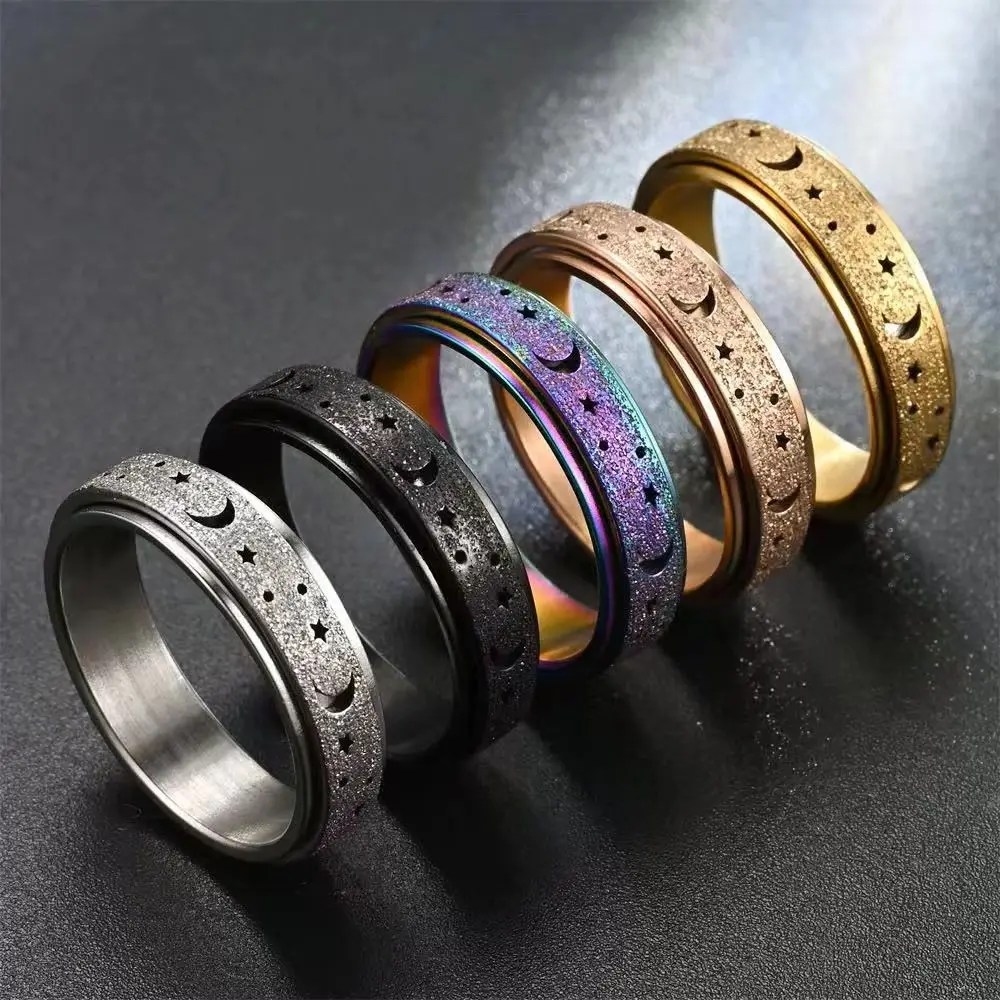 Stainless Steel Spinner Ring Rotatable Hollow Star Moon Design Frosted Surface Anxiety Relief Fidget Ring for Stress Relief Unis