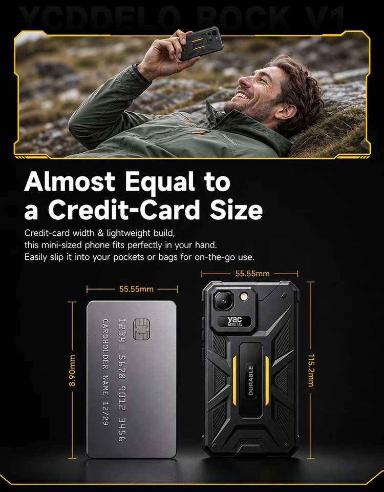 YACDELO ROCK V1 Mini Rugged Phone Compact Size 4.96" Display 3GB 32GB Removable 3000mAh Battery Android 16 GO Light Weight Phone