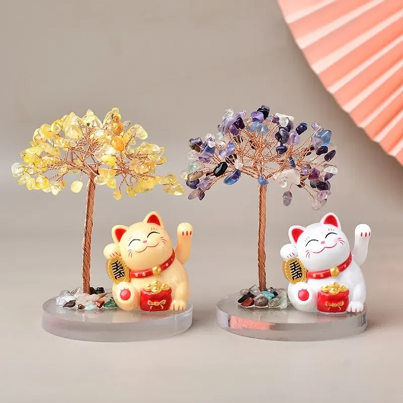 

Solar Energy Shake Hands Lucky Cat Base Fate Tree Natural Crystal Crushed Stone Life Tree Handwoven Decoration