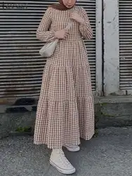 ZANZEA Vintage ekose kareli Sundress müslüman kadınlar uzun kollu fırfırlar Abaya Dubai elbise elbise Femme tatil İslami giyim