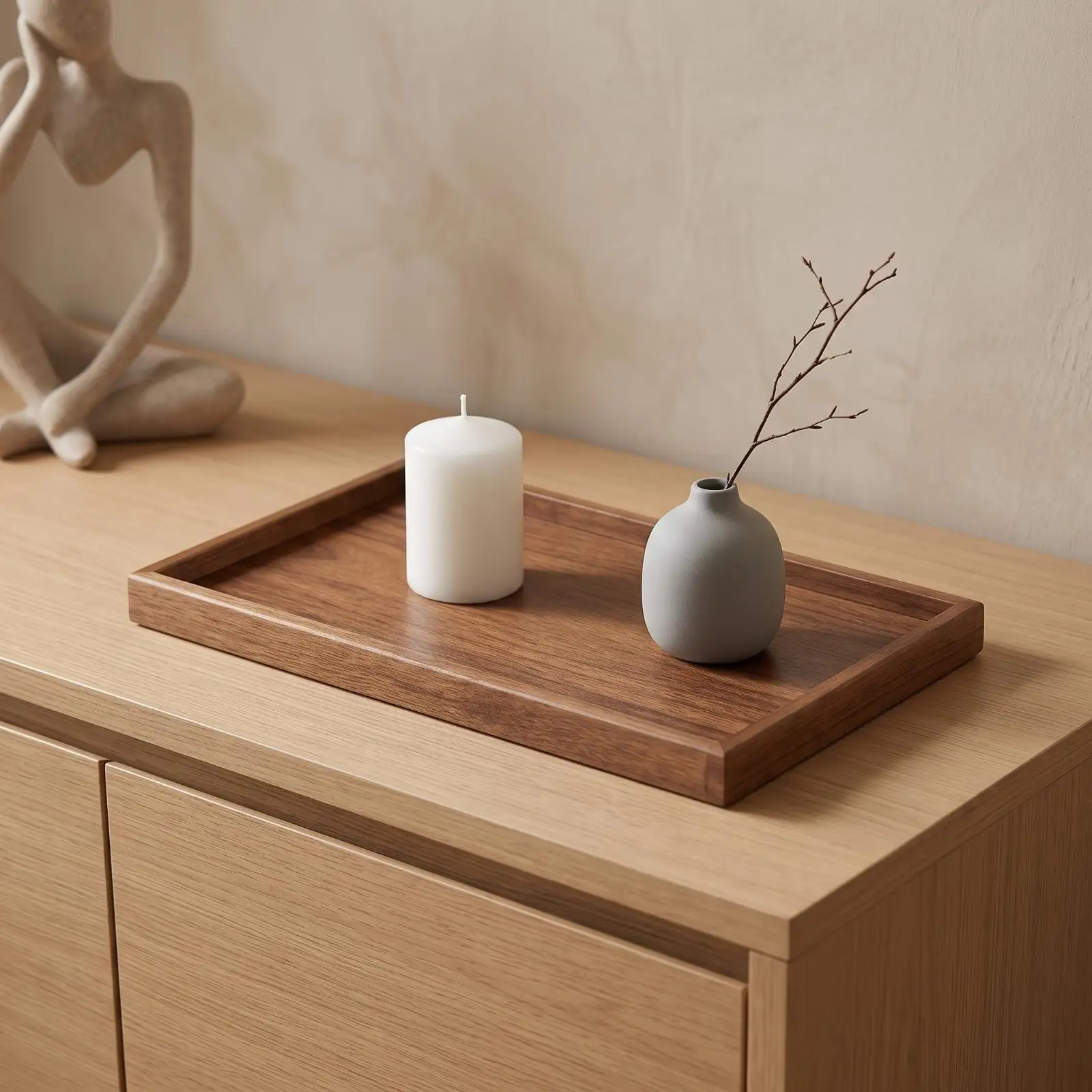 Minimalist Wooden Serving Tray for Tea Rituals with Flat Stable Surface and Rim
