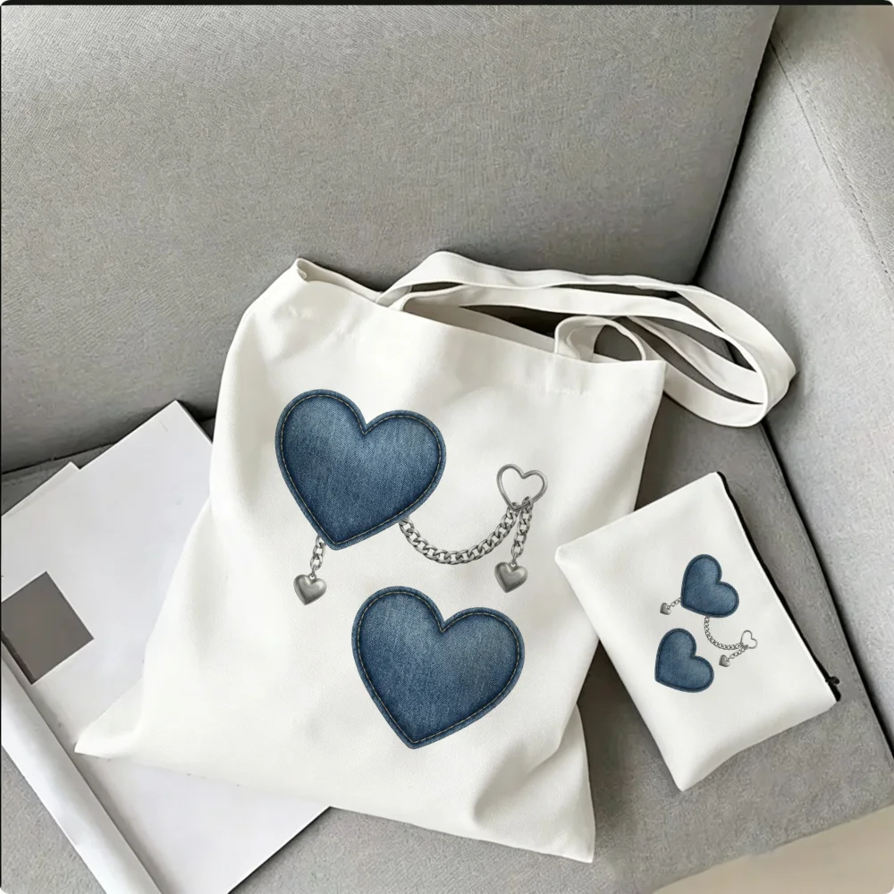 Blue Denim Heart Print Canvas Tote Bag 1Pc or Set Multi-functional Daily Shopper Vintage Sweet Girls Gift Weekend Campus Tote