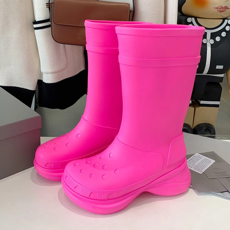 Unisex Thick Bottom Knee High Boots Rubber Waterproof Round Toe Platform Flat Slip on Long Rain Boots Jelly Color Par Shoes