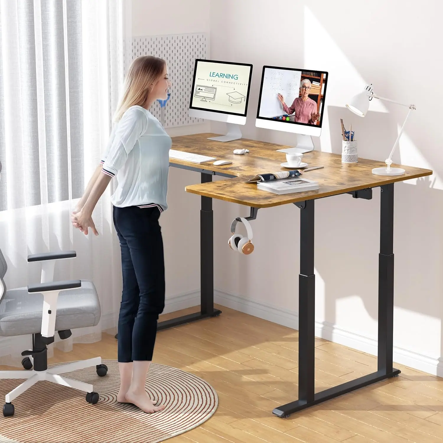 

63 x 43 Inch Standing L-Shaped Desk, Power Height Adjustable Dual Motor Sit-Stand Desk, Corner Station with 4 Stabilizing Legs