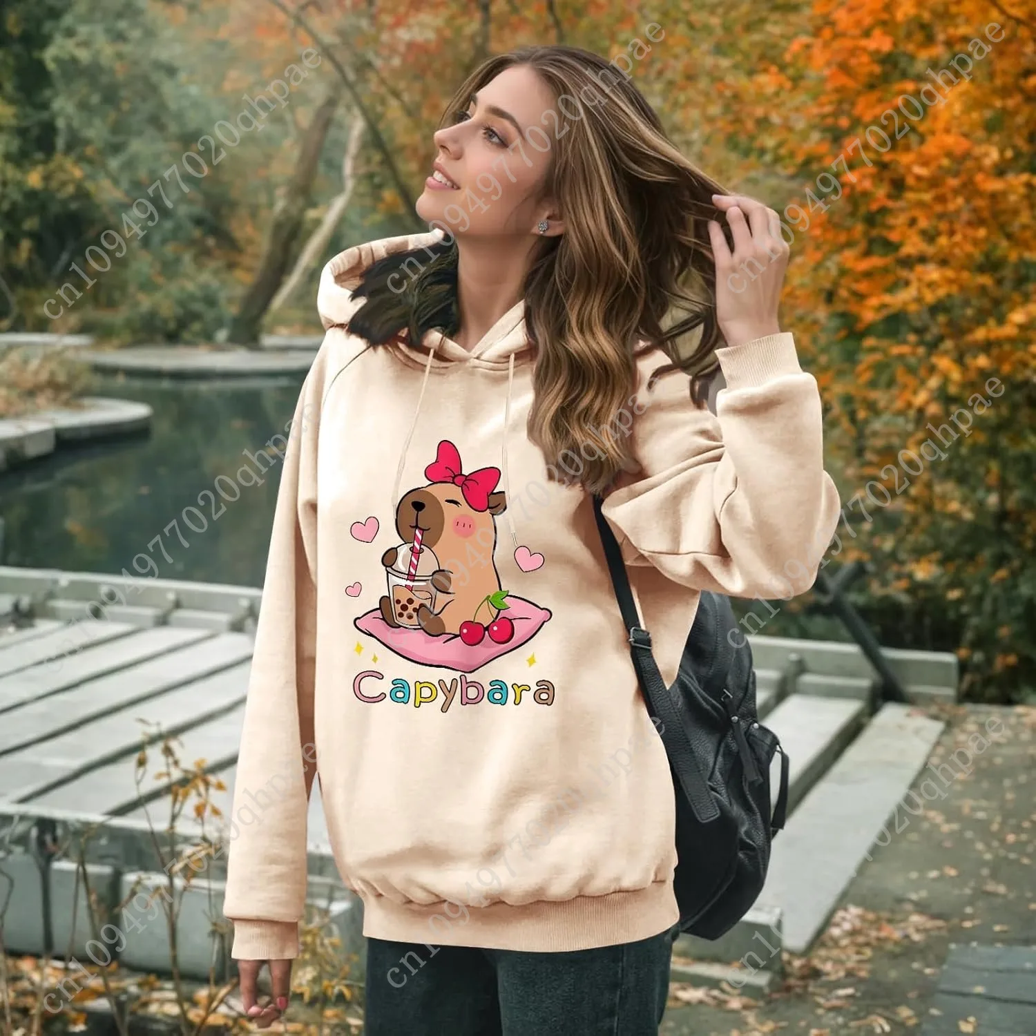 لطيف كابيبارا الجرافيك هوديس للفتيات في سن المراهقة Kawaii الكرتون المطبوعة هوديي أنيمي مقنعين البلوز كنزة صوف #2