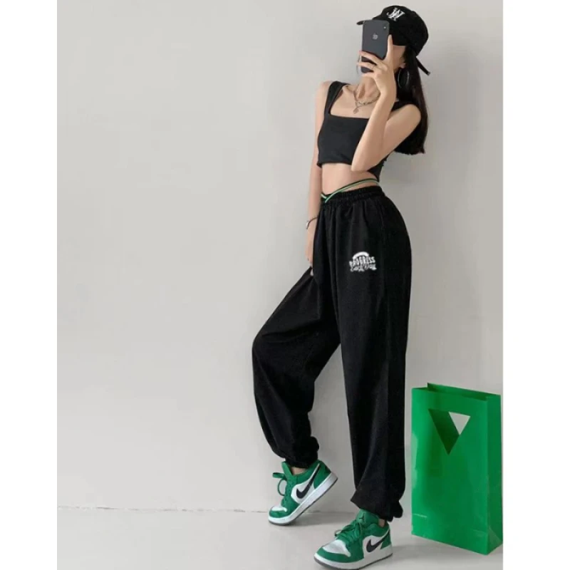 Street Dance Drawstring Design Wide Leg Pants Women European American Vintage Letter Print Trousers 2024 New Summer Y2K Pants