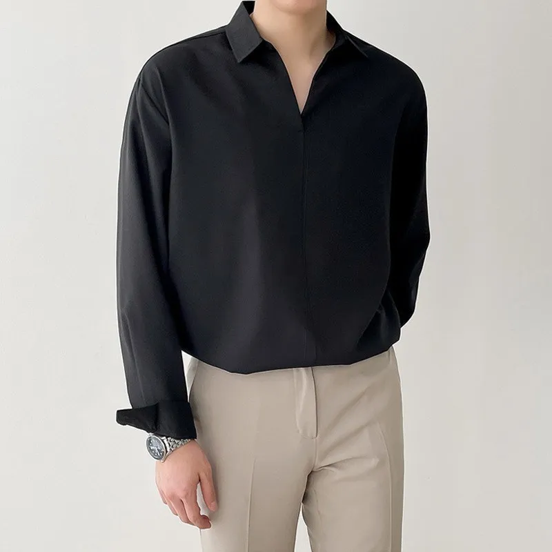 2026 Men's Loose Black White Solid Color Casual Trendy Turn-down Collar Long Sleeve Loose Shirts Male New Fashion Clothes Tops