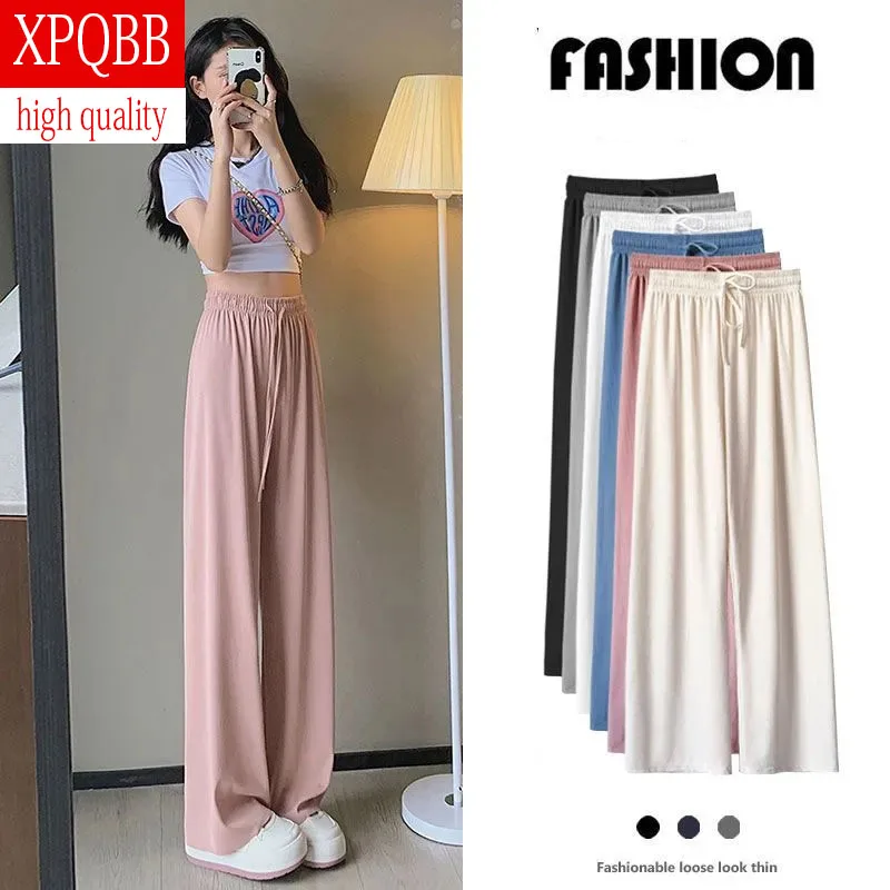 Women's Ice Silk Straight Pants Korean High Waist Drawstring Summer Cool Wide Leg Trousers Female Solid Drooping Casual Pants