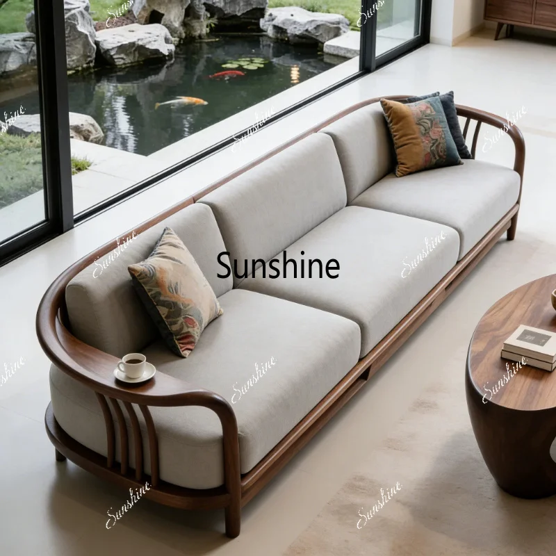 

New Chinese-style solid wood living room straight row fabric sofa high-end customization