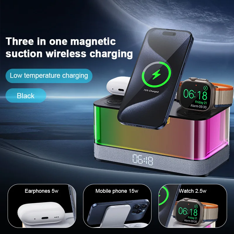 15W Magnetic Suction 6-in-1 Wireless Charger Speakers with Clock Light Music Wireless Charging Station for IPhonw Iwatch Airpods