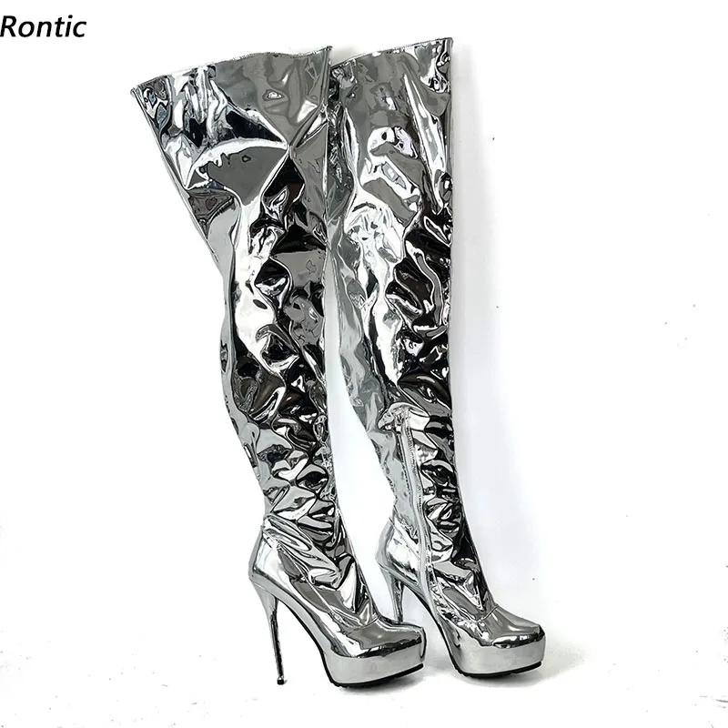 

Rontic New Fashion Women Winter Over The Knee Shiny Boots Thin High Heels Round Toe Pretty Gold Silver Club Shoes US Size 5-20