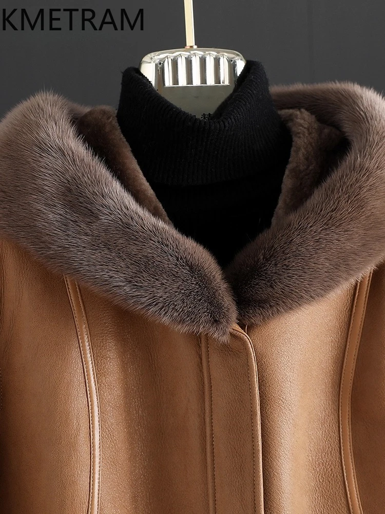 KMETRAM Cappotto di pelle di pecora naturale integrato Donna Giacca lunga di lusso in vera pelliccia con cappuccio 2025 Abbigliamento invernale donna Collo di pelliccia di visone