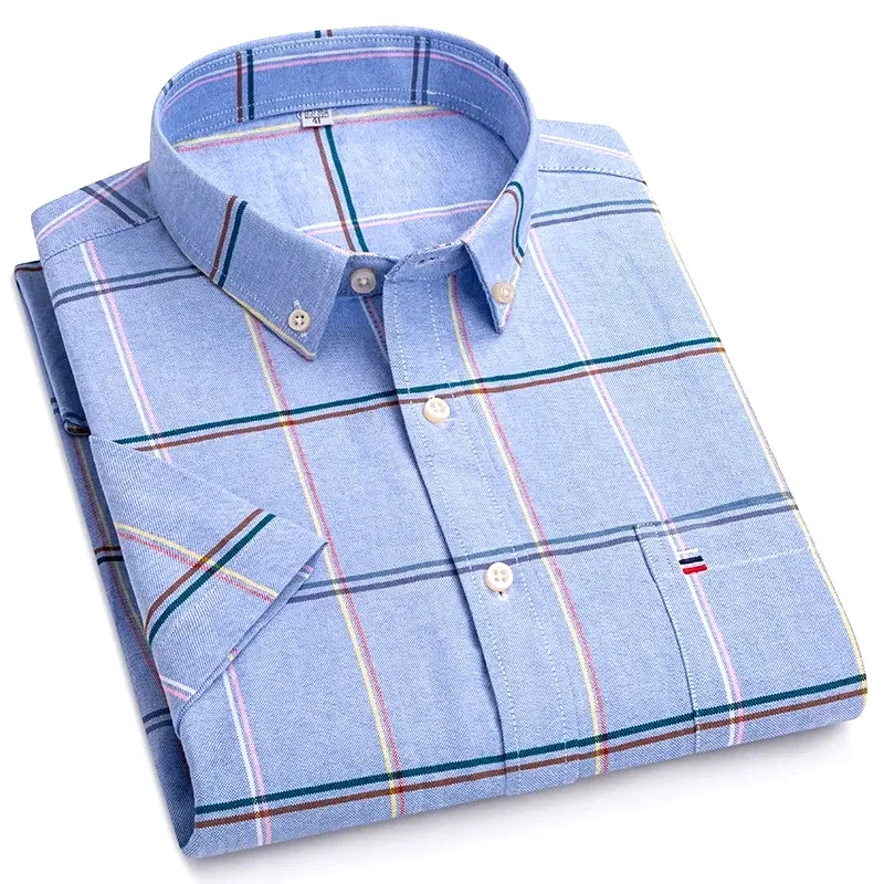 

Men's high-quality Oxford cotton short sleeved shirt for summer comfort breathable classic solid color plaid business leisure