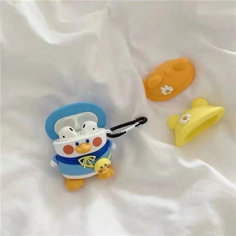 Silicone casos capa para Airpods Pro, design bonito do pato, desenhos animados 3D, 3 chapéu colorido, 3