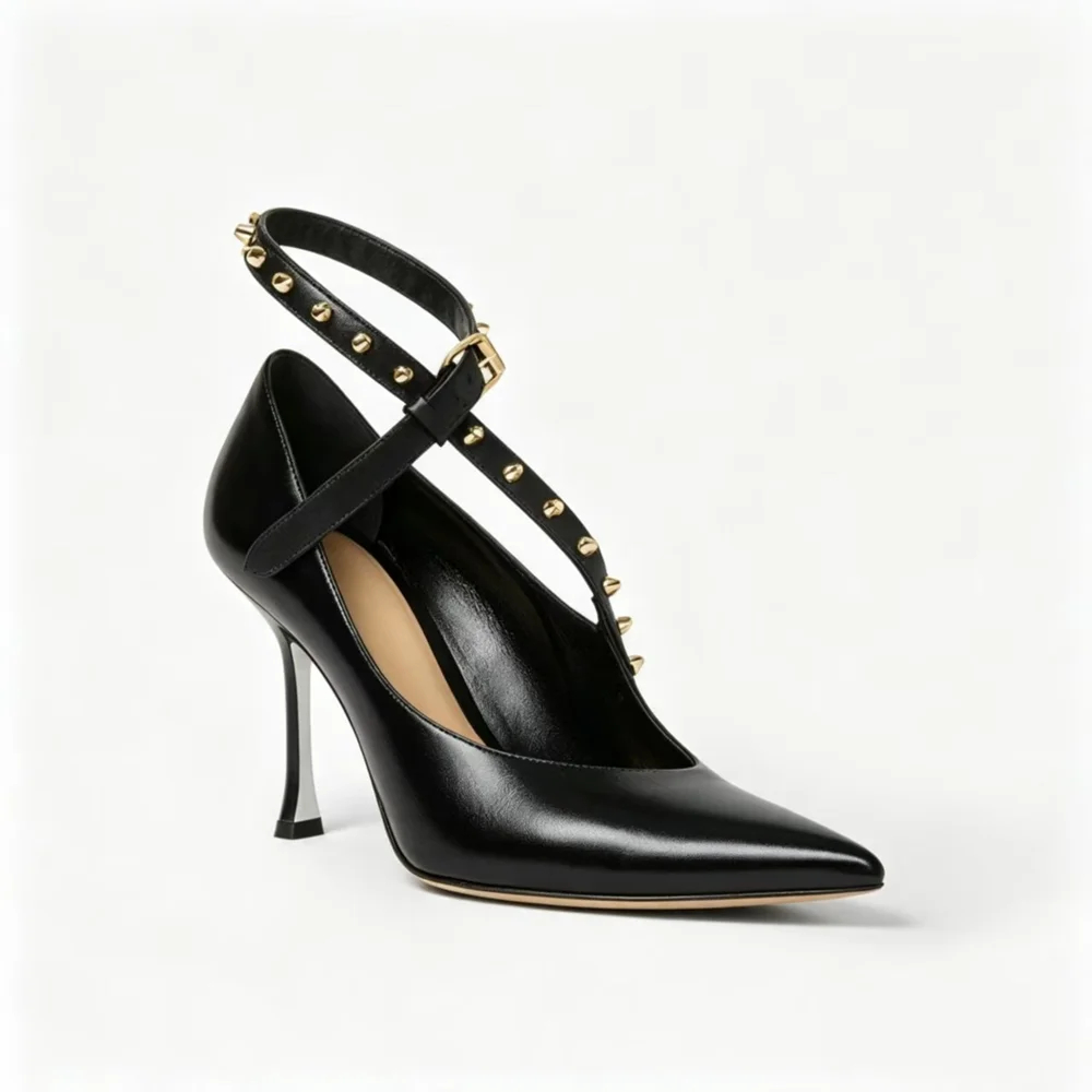 Black Pointed Toe Stiletto Pumps Gold Studded T‑Strap Ankle Buckle High Heel Elegant Glossy Leather Shoes for Party Date Night