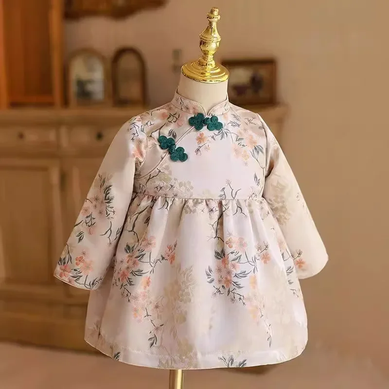 

2025New Style Girls' First Birthday Dress Tang Suit with Frog Buttons Princess Dress