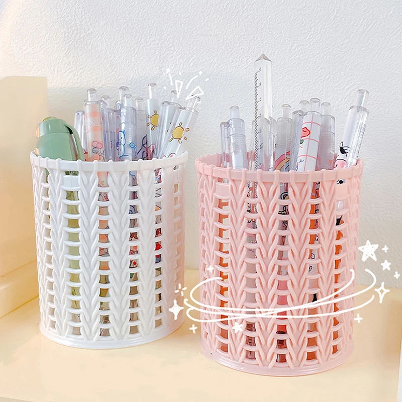 

Creative Rattan Plastic Pen Holder Multi-functional Hollow Boxes Desktop Office Stationery Bucket Pencil Container Storage Box