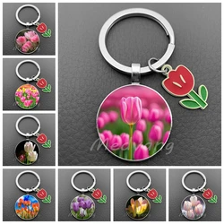 New Colored Tulip Flower Keychain Tulip Photo Art Glass Cabochon Keychain Love Flower Girl Jewelry Gift