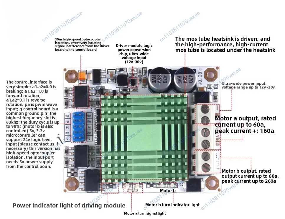 1800W DC motor driver, motor drive module, motor speed controller, high-power H-bridge 60A dual-channel