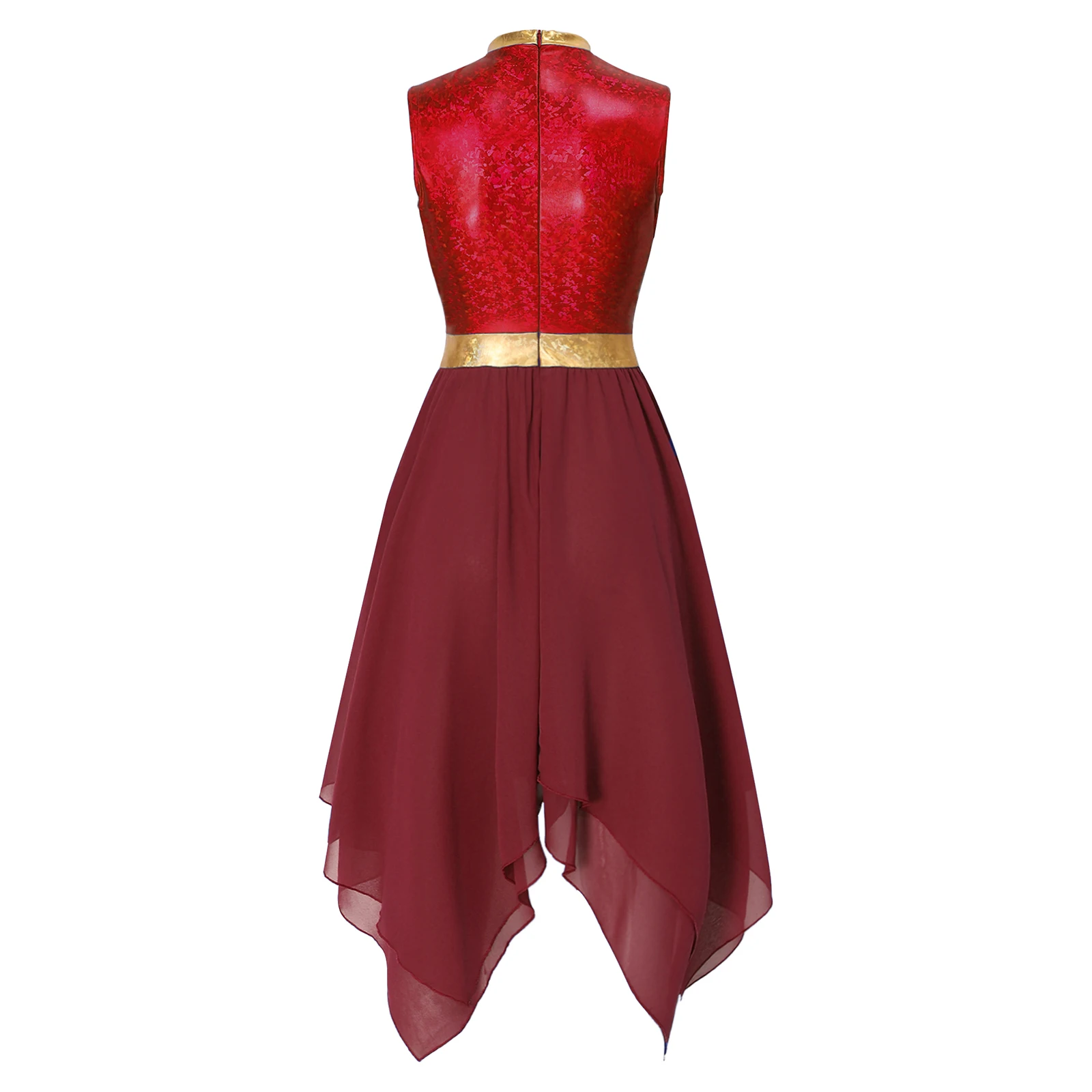 Damen-Lyrik-Tanzkleid, Kostüm für Gottesdienste und Lobgesänge, mit Metallic-Print, aufgesetztem Oberteil, Schlüssellochausschnitt vorne, ärmellos, unregelmäßiger Saum, Tunika-Kleid. – Detail 8