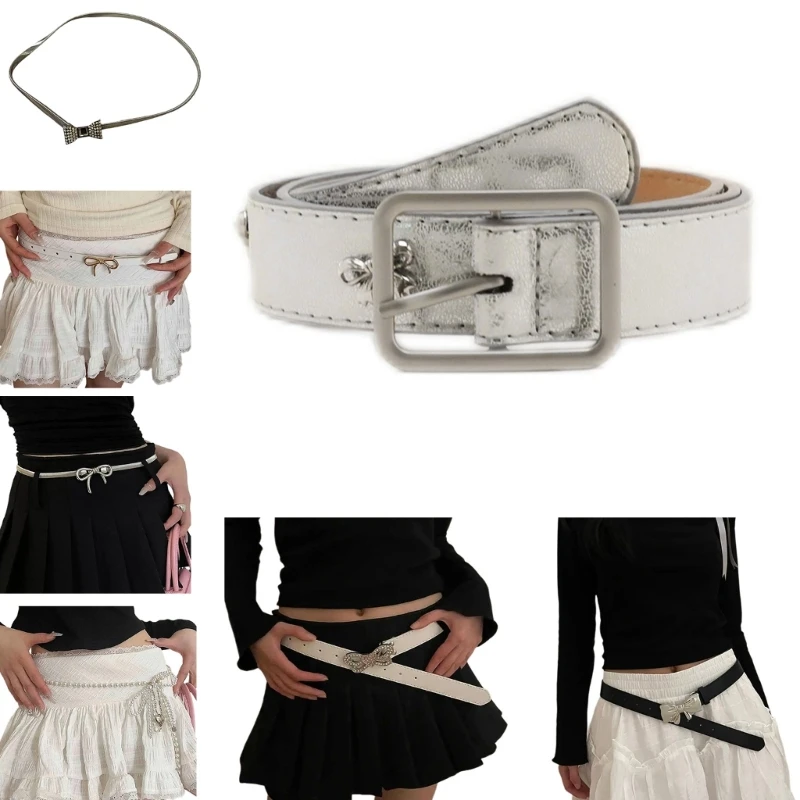 

PU Leather Belt Pin Buckle Belt 2000s Bowknot Buckle Belt Girl Elegant Waistband Skinny Belt for Shorts Women Waist Decors