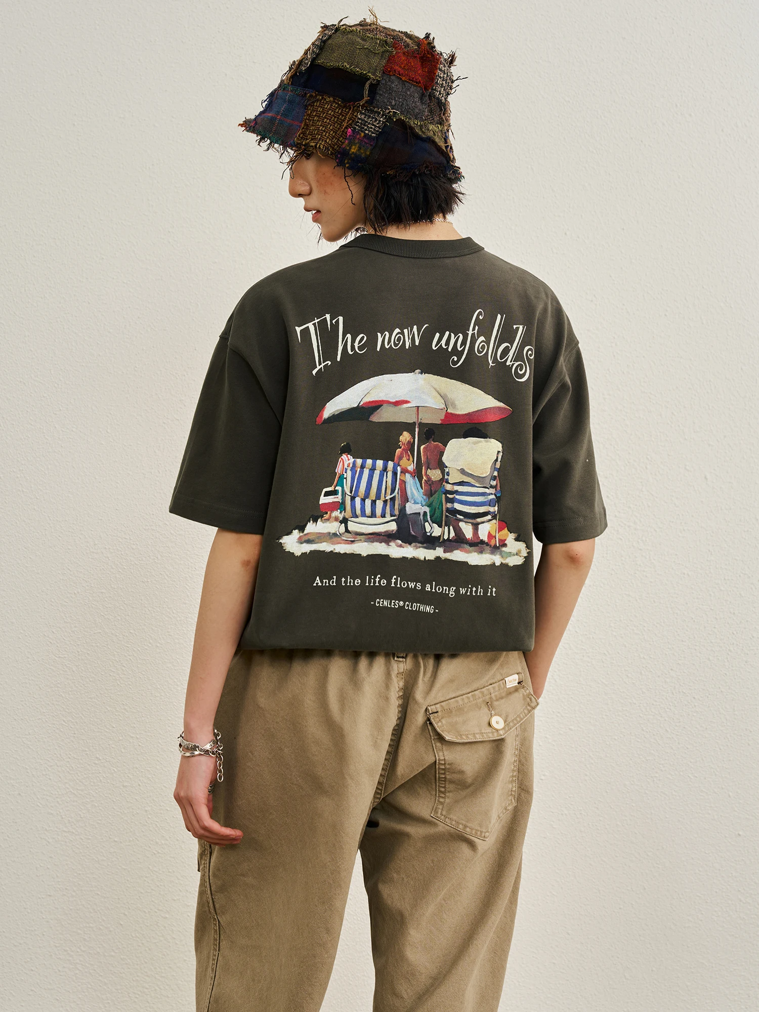 CENLES SS26 Washed round Neck T-Shirt Loose Short Sleeve Vintage American Retro Print Beachscape Style Unisex Cotton Summer Top