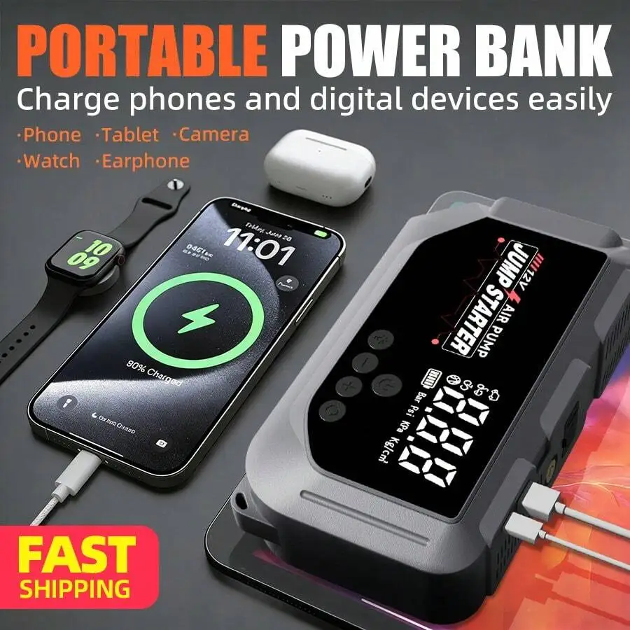 Portable Large-Capacity 12V 8000A Smart Emergency Car Jump Starter With Air Compressor, 28100mAh Multifunctional Emergency