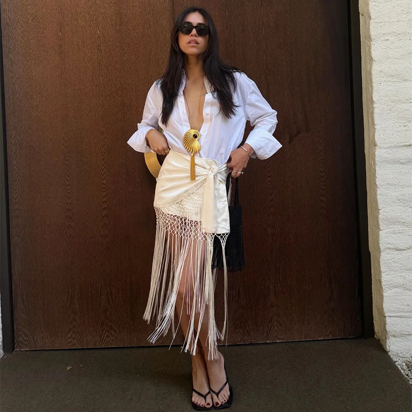 2026 Summer New Arrival Women Fashion Vacation Tassel Mesh High Waist Tie Midi Skirt Design Cutout Elegant Chic Trendy Boho Hot