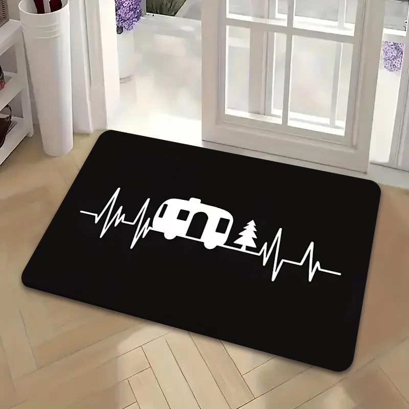 Camper Heartbeat Doormat Funny RV Camping Pine Tree Welcome Mat Black Minimalist Entrance Rug Outdoor Indoor Door Floor Mat