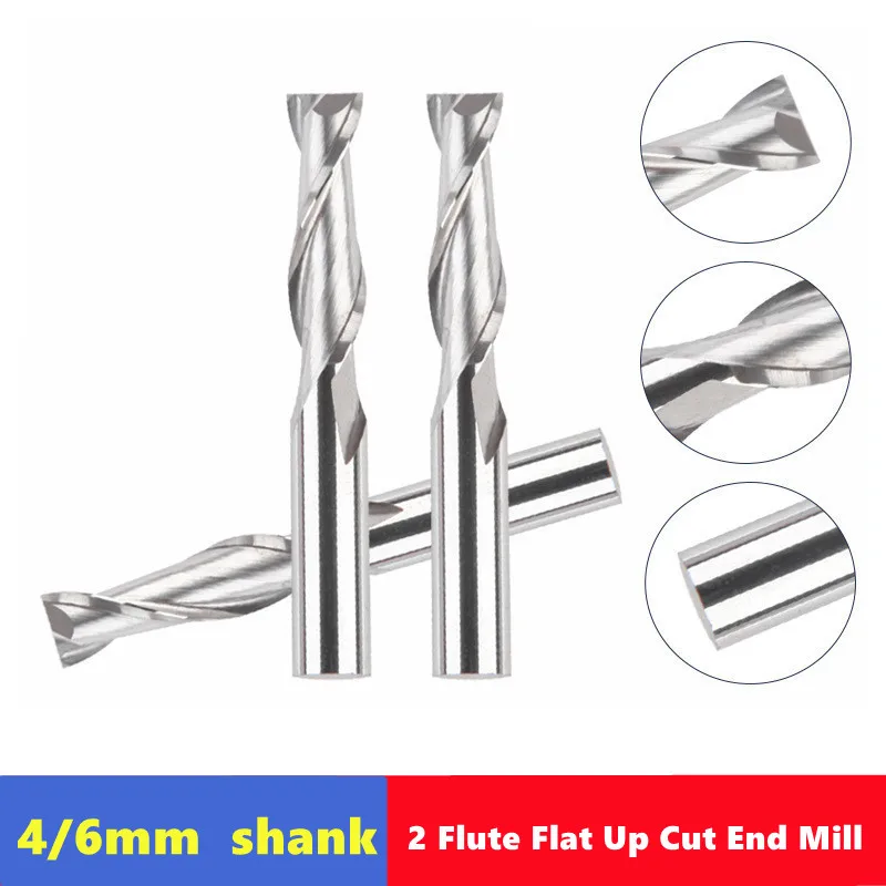 

4mm 6mm Shank 2 Flute Flat Up Cut End Mill ，Carbide CNC Router Engraving Bit PVC MDF Milling Cutter Spiral Router Bit for Woo