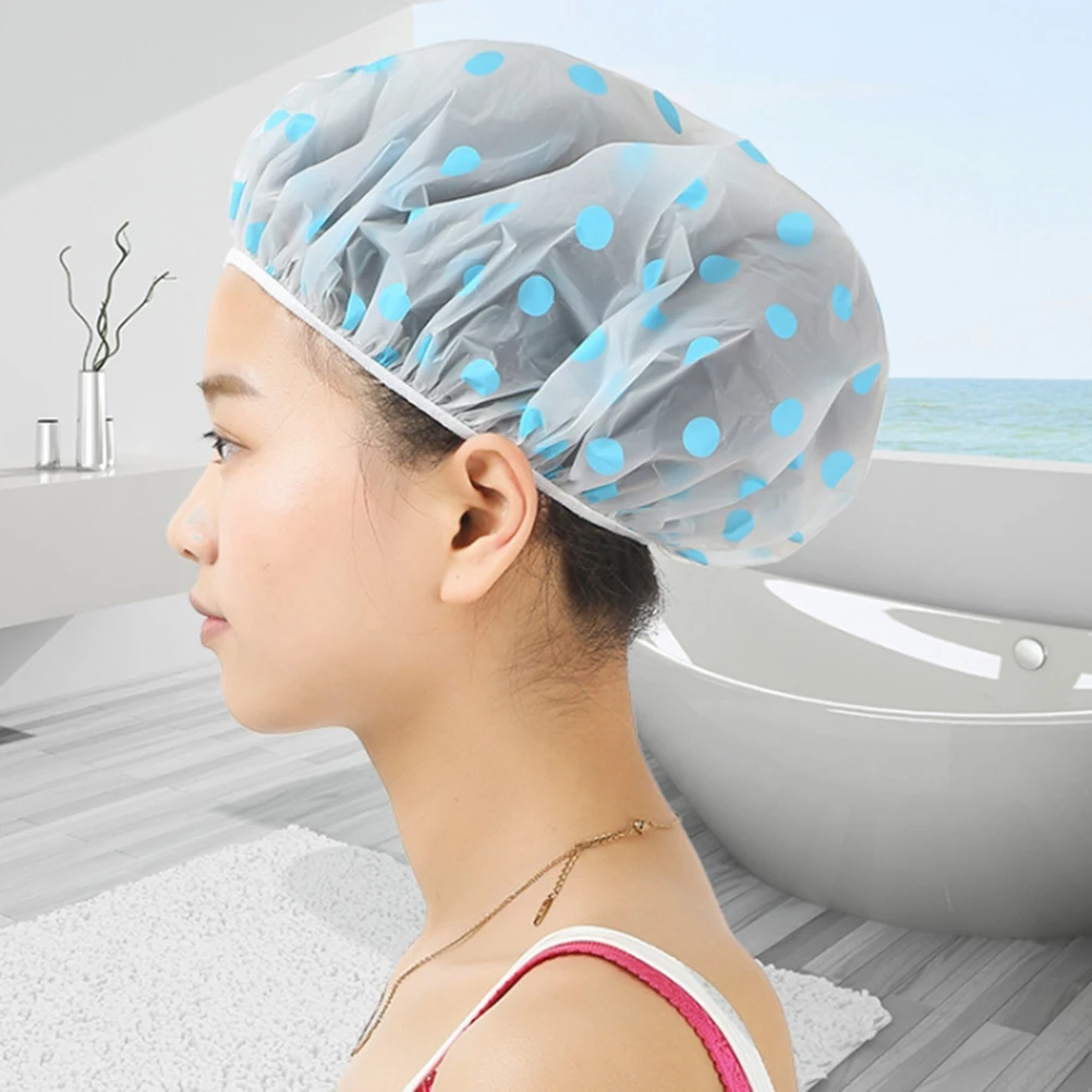

8pcs Plastic Waterproof Shower Caps Printed Foldable Hair Protector For Bathing Spa Kitchen Use Bath Hat For Women Adults Pink