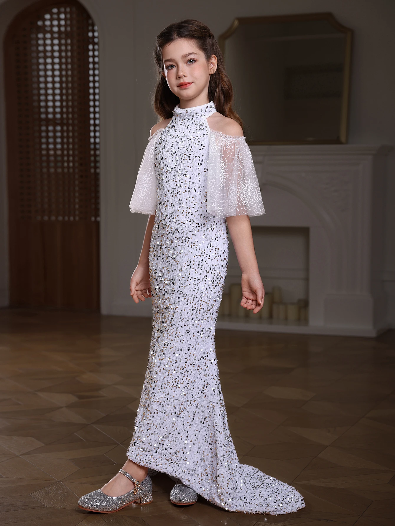 Charming Fish Tail Floor Length Gown For Girls, Sequin Trumpet Sleeves Splicing Mesh Maxi Dress For Prom Birthday Party