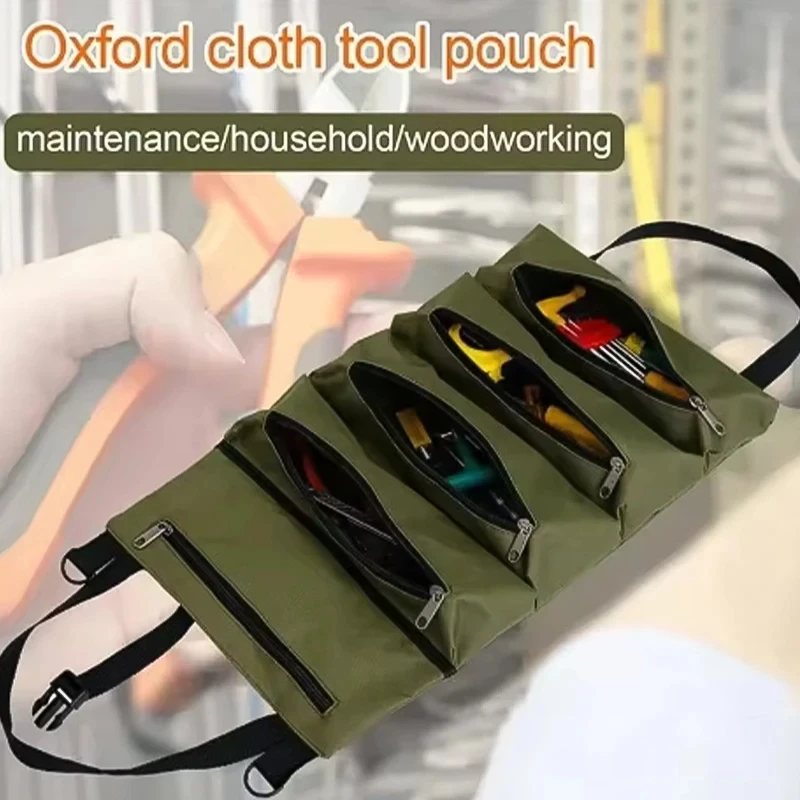 Heavy-Duty Roll-Up Tool Bag - Oxford Fabric Multi-Tool Organizer All-in-One Garage Storage for Mechanics/Electricians/Carpenters