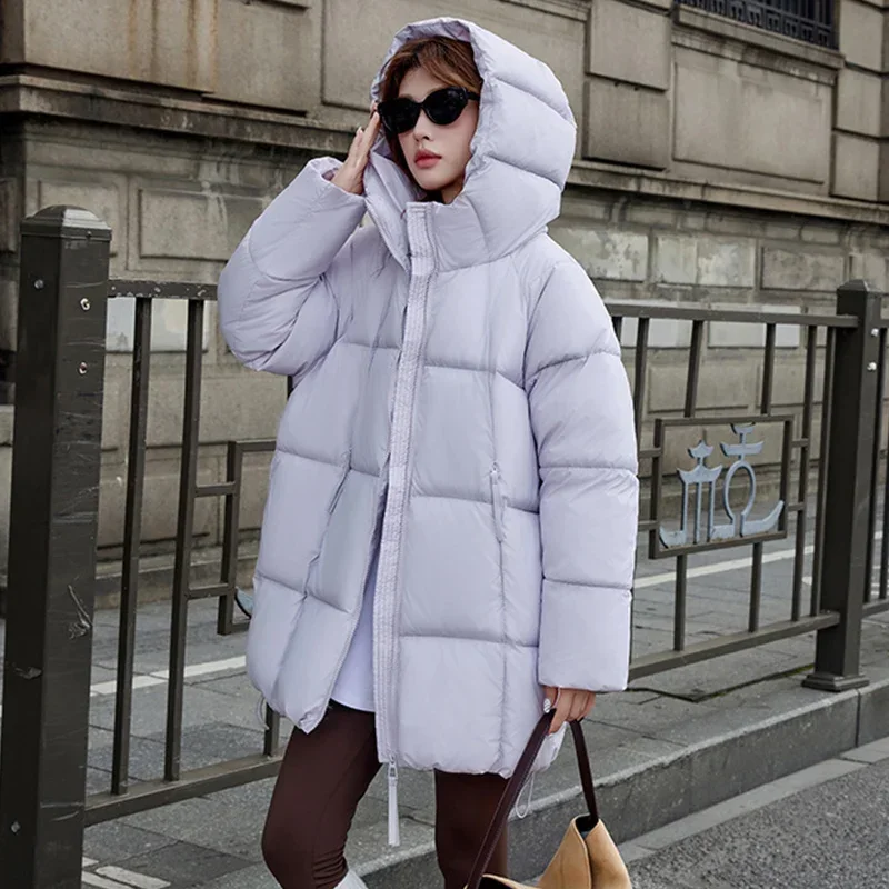 

Puff Thicken Warm Winter Parkas Women Zipper Up Hooded Mid Long Parka Jacket Woman High Quality Pockets Stand Collar Outwear