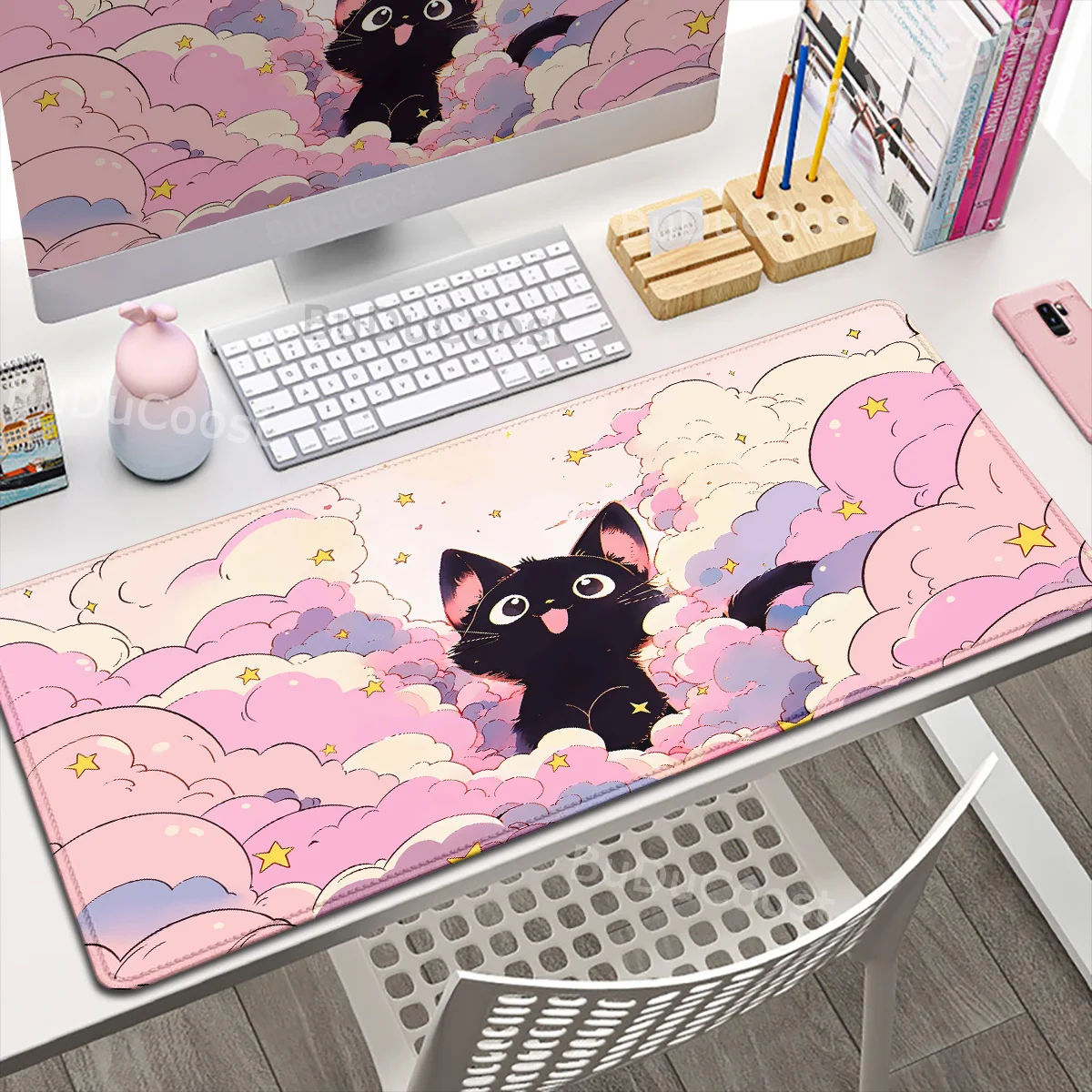 Large Computer Gamer Office Carpet XXL Home HD Desk Mat Black Cat on The Cloud Non-slip Keyboard Mouse Pad Kawaii Art Design Rug