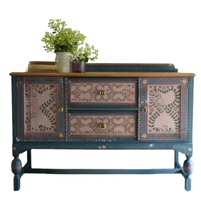 Retro solid wood carving flower entrance cabinet living room wall painted decorative cabinet