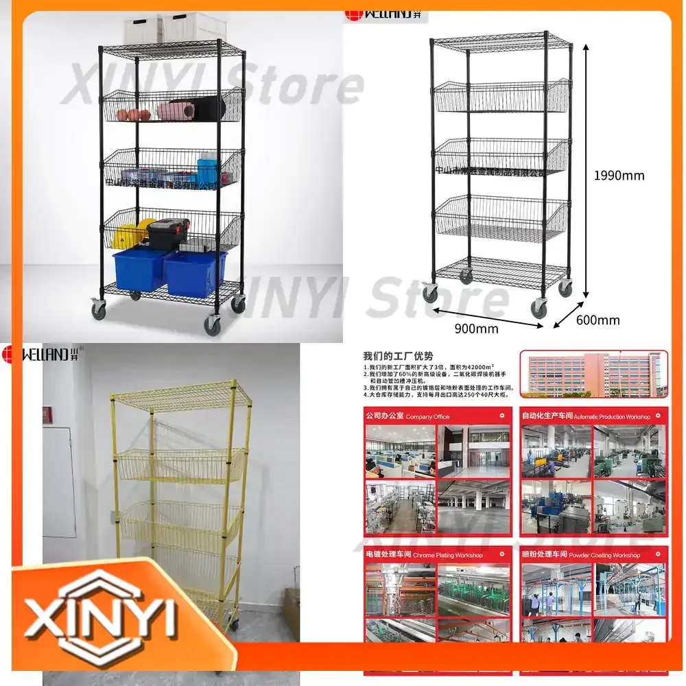 5-Tier Large Capacity Mesh Basket Shelving Unit for Organizing Tools and Supplies Mobile Multi-Functional E-commerce Picking