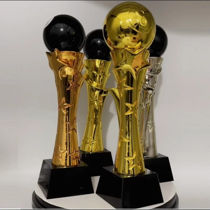 Customized Black Eight Billiards Resin Trophy Reward, Gold, Silver, Copper, Sport Activity Competition Awards, Crystal Base, 1Pc
