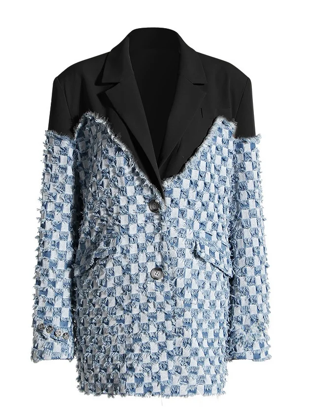 Street Style Oversized Mid-Length Checkered Color Block Denim Suit Jacket Women's Autumn Winter Fashion Outerwear Coat